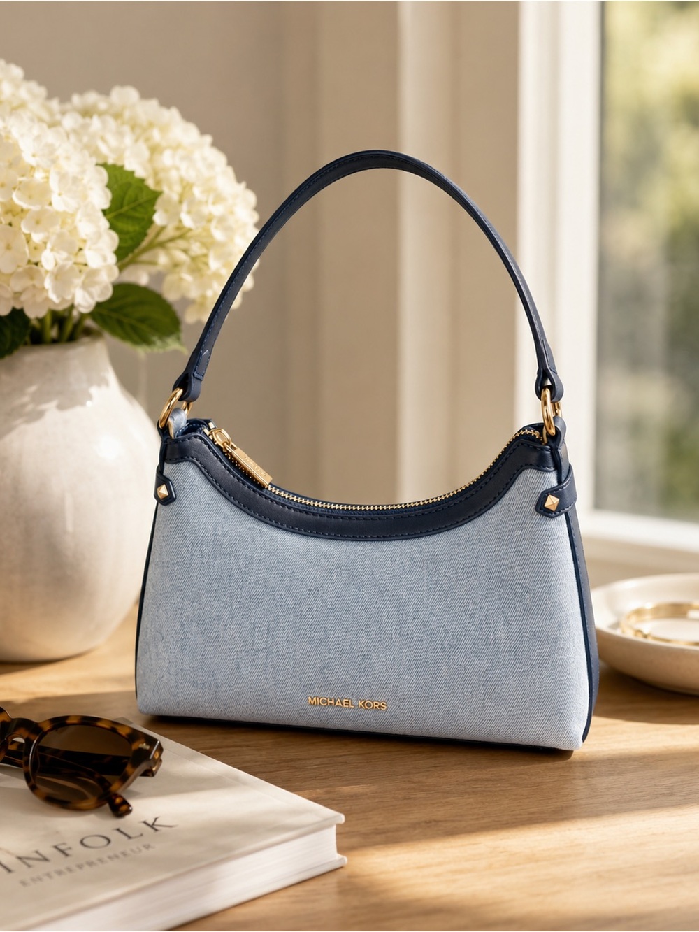 New! Denim Michael Kors Maeve Pouchette Denim and Leather Shoulder Bag